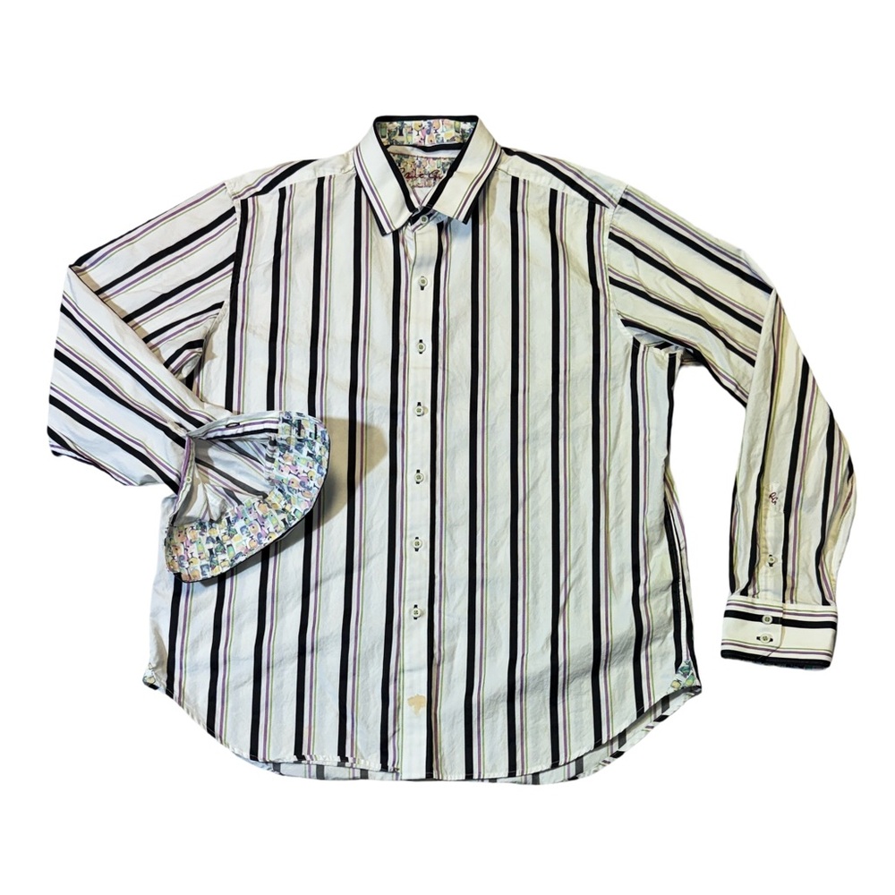 Robert Graham mens 2XL XXL white stripe flip cuff classic fit button up shirt